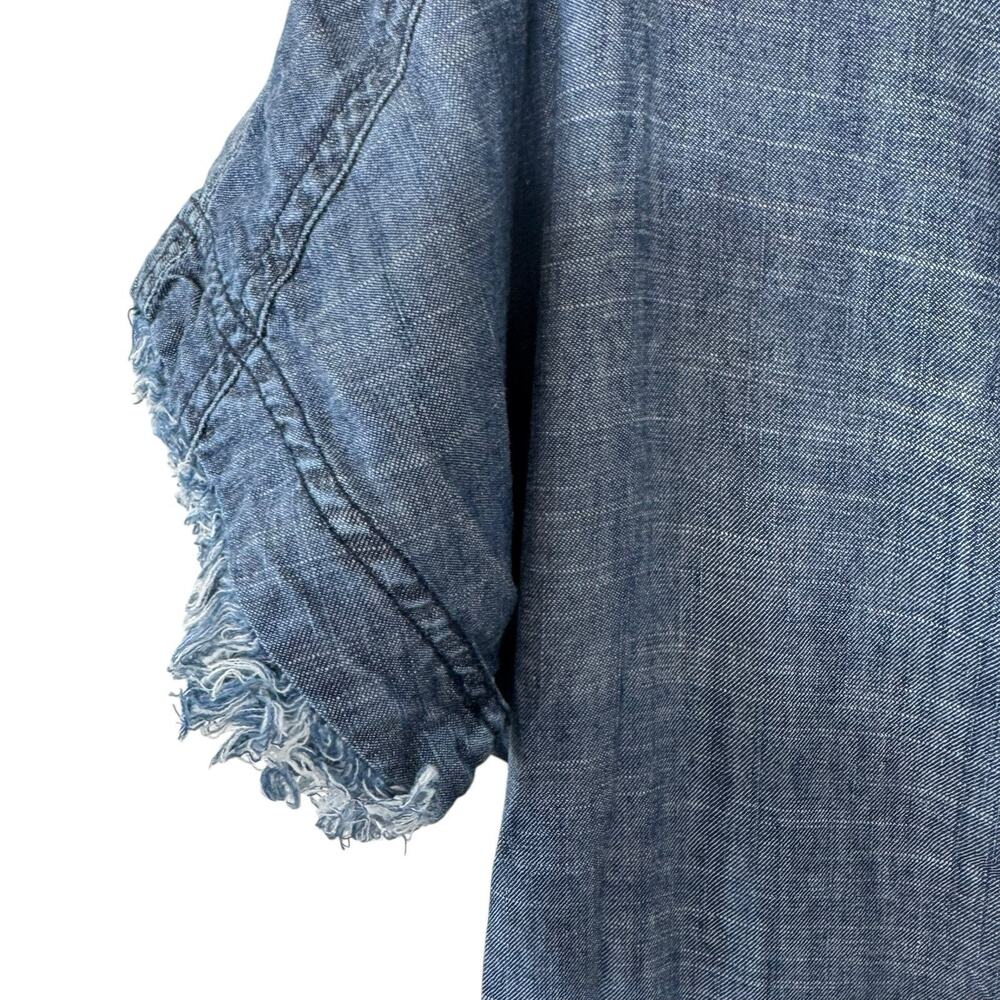 Trina Turk Chambry Lightweight Popover Dress Blue Frayed Hemline Linen Blend M - Picture 4 of 13